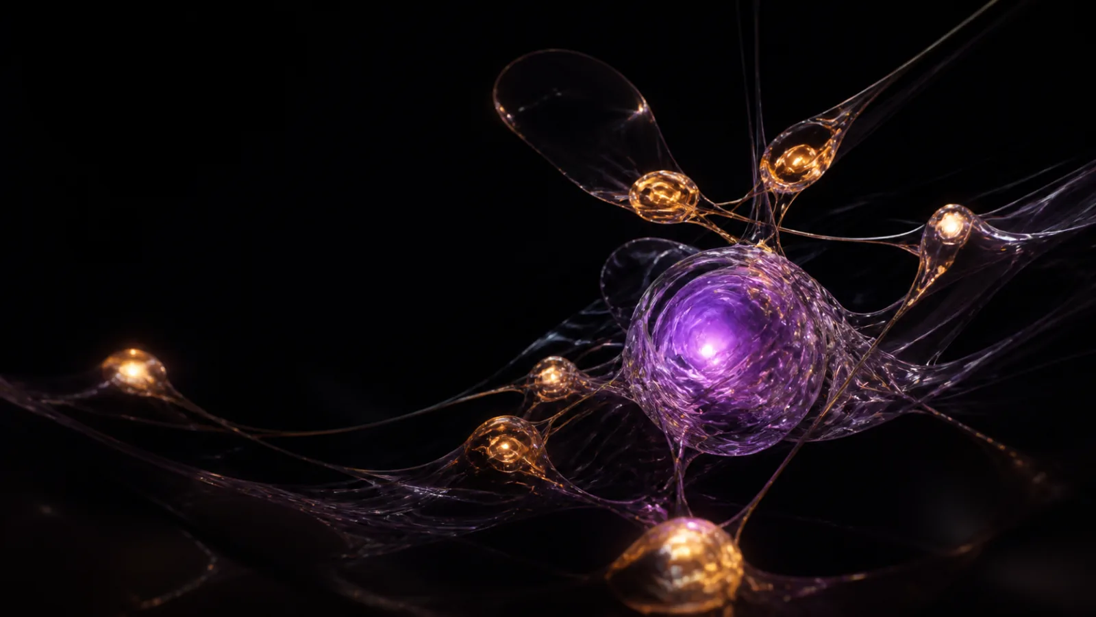 Violetter Glaskern mit verbundenen goldenen Satelliten