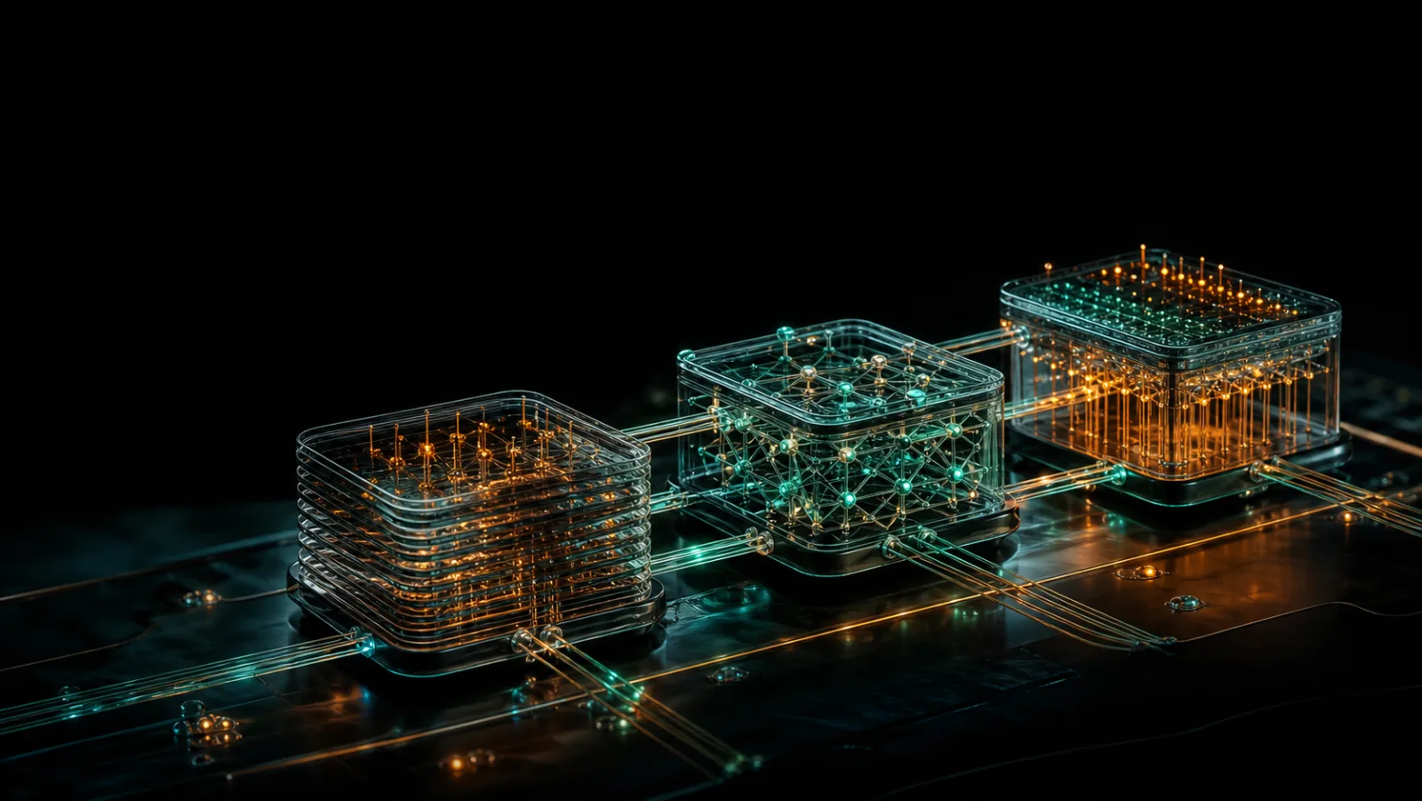 Drei vernetzte transparente Module als lebende Software-Maschine