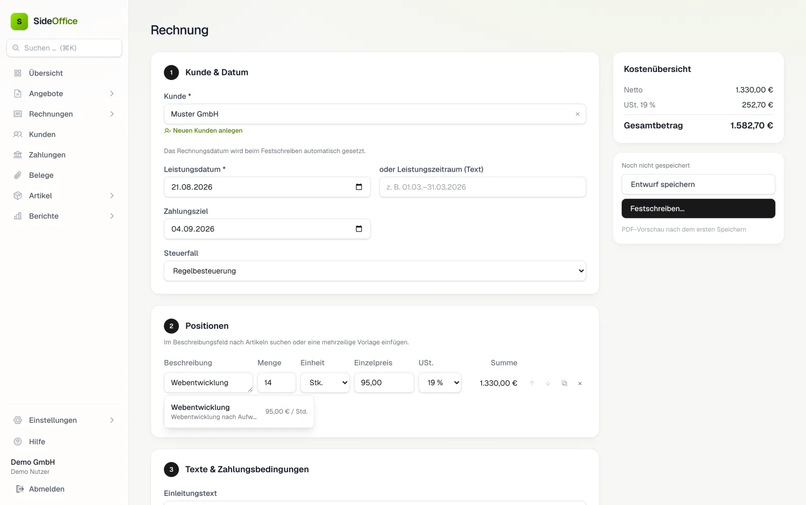 SideOffice Rechnungsansicht