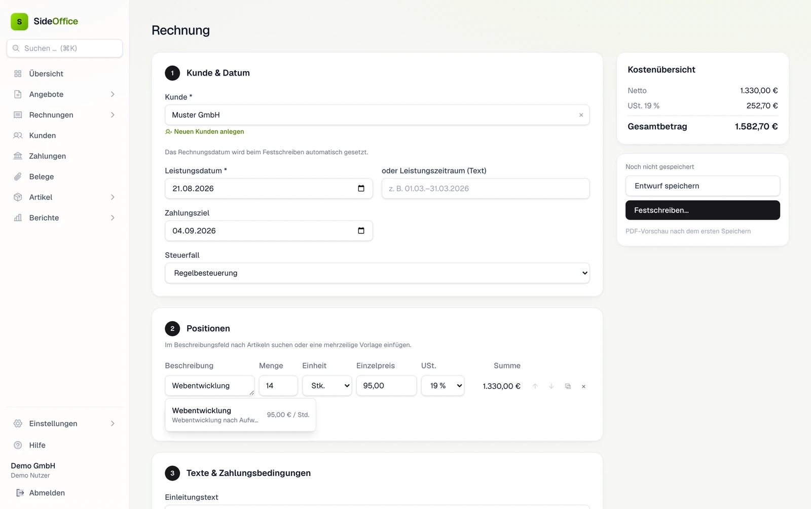 SideOffice: Rechnung erstellen mit Kunde, Leistungspositionen und Kostenübersicht
