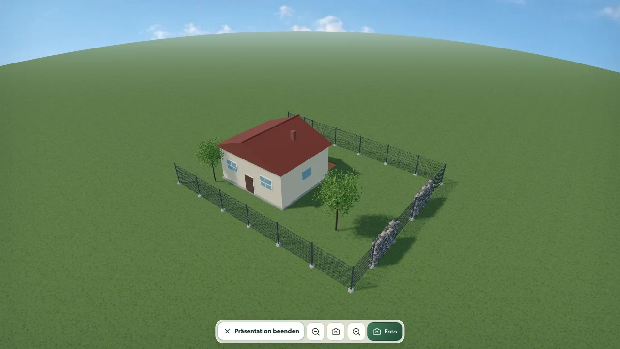 Zaunplaner: Gartenprojekt mit Haus, Zaun und Gabionen in der 3D-Ansicht