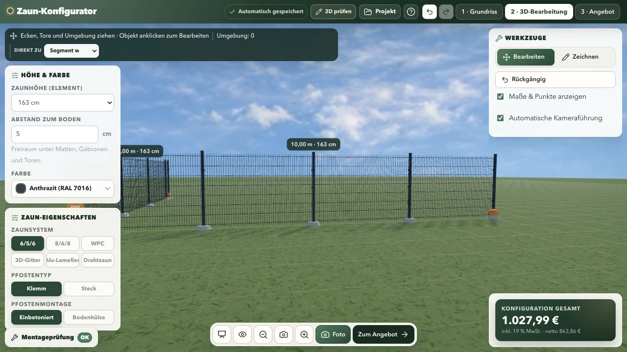 Zaunplaner: Zaun in der 3D-Detailansicht mit Höhe, Farbe, Zaunsystem und Werkzeugen