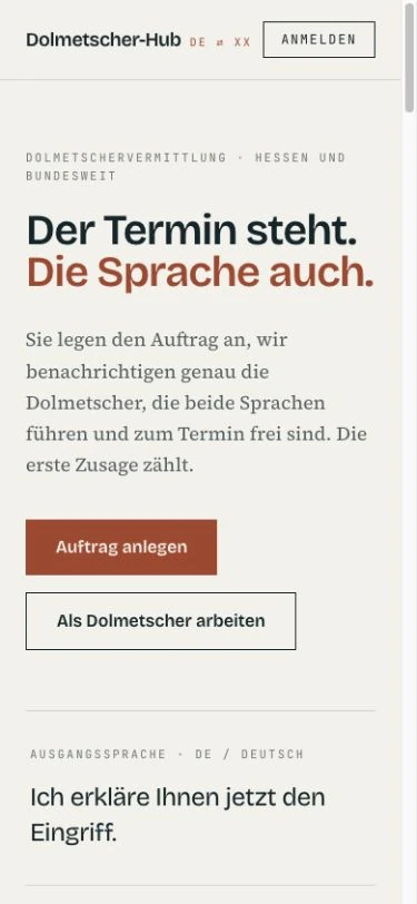 Dolmetscher-Hub: Einstieg der Landingpage – mobile Ansicht