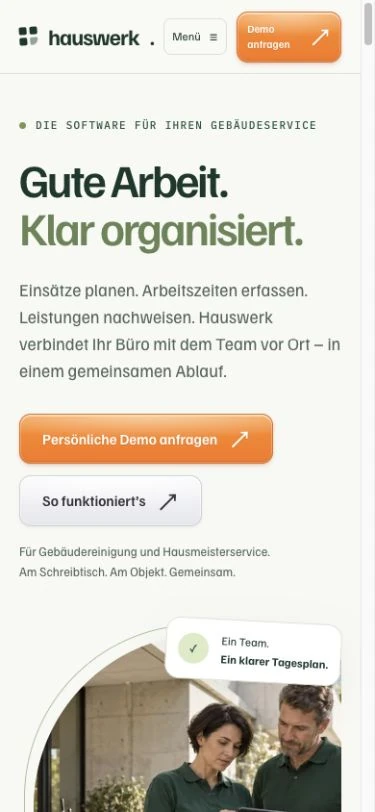Hauswerk: Einstieg der Landingpage – mobile Ansicht
