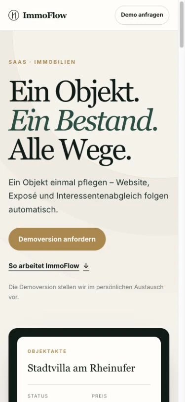 ImmoFlow: Einstieg der Landingpage – mobile Ansicht