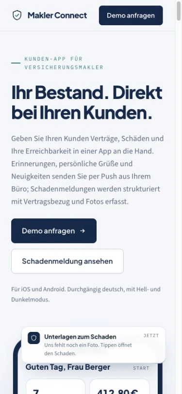 Makler Connect: Einstieg der Landingpage – mobile Ansicht