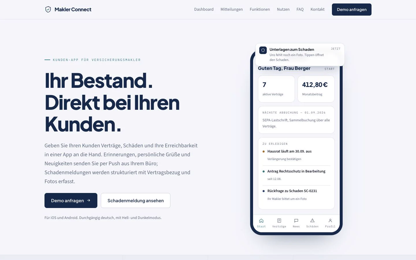 Makler Connect: Einstieg der Landingpage