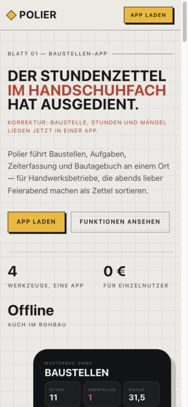 Polier: Einstieg der Landingpage – mobile Ansicht