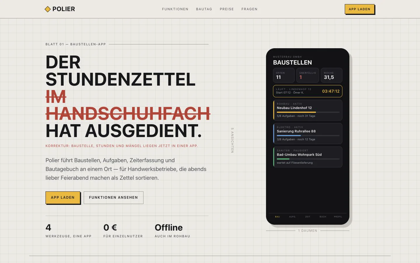 Polier: Einstieg der Landingpage