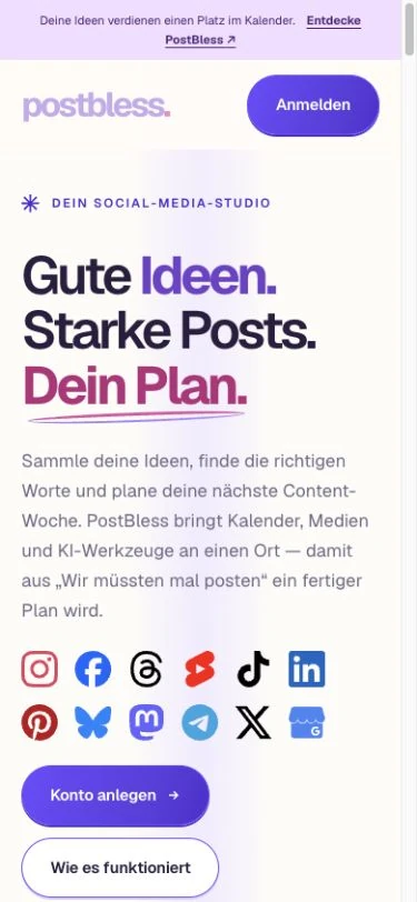 PostBless: Einstieg der Landingpage – mobile Ansicht