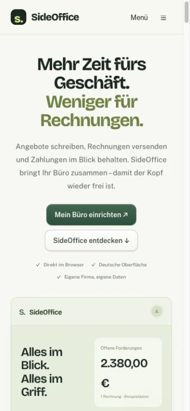 SideOffice: Einstieg der Landingpage – mobile Ansicht