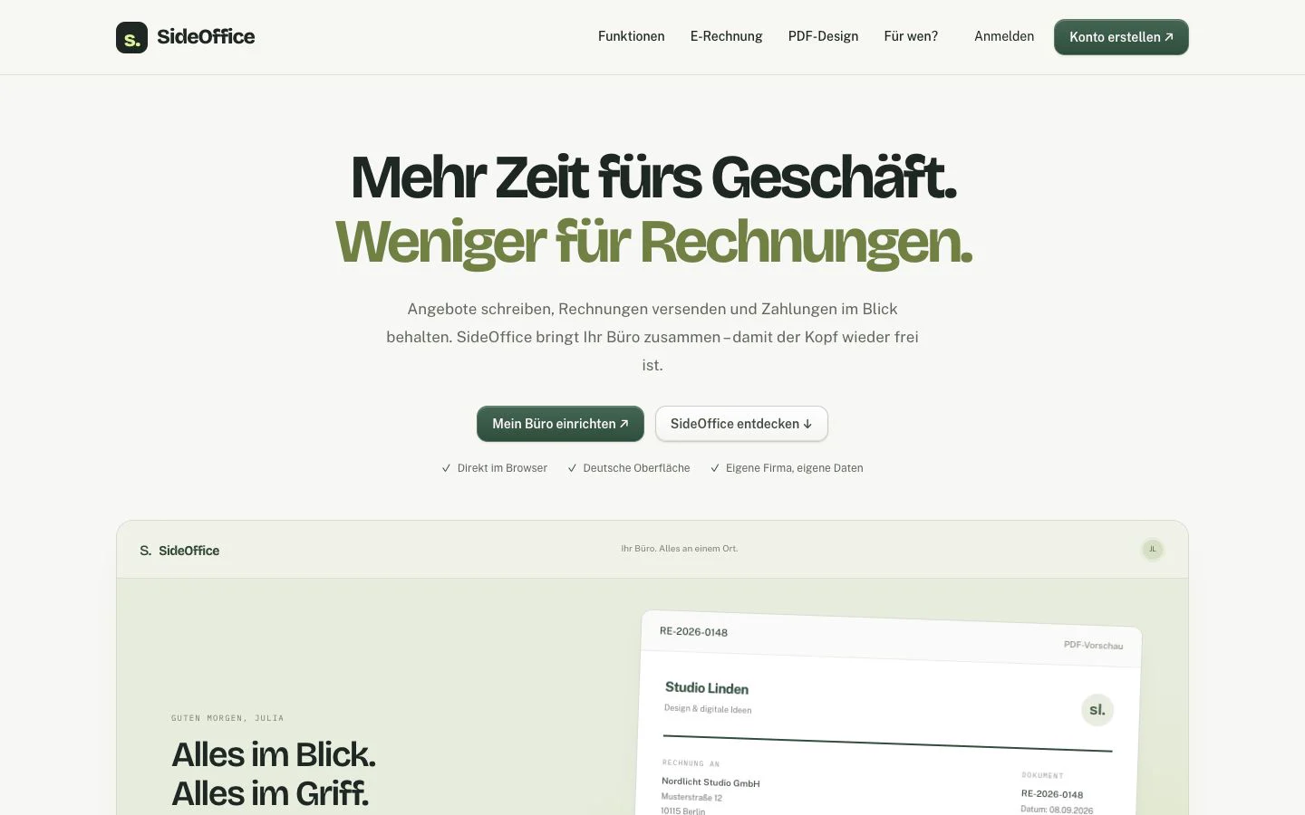 SideOffice: Einstieg der Landingpage