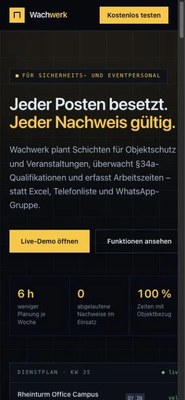 Wachwerk: Einstieg der Landingpage – mobile Ansicht