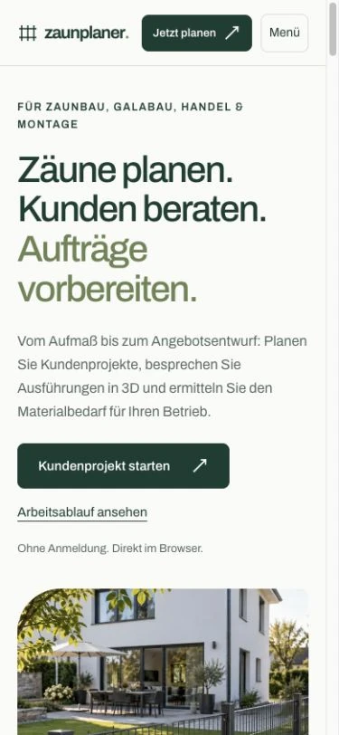 Zaunplaner: Einstieg der Landingpage – mobile Ansicht