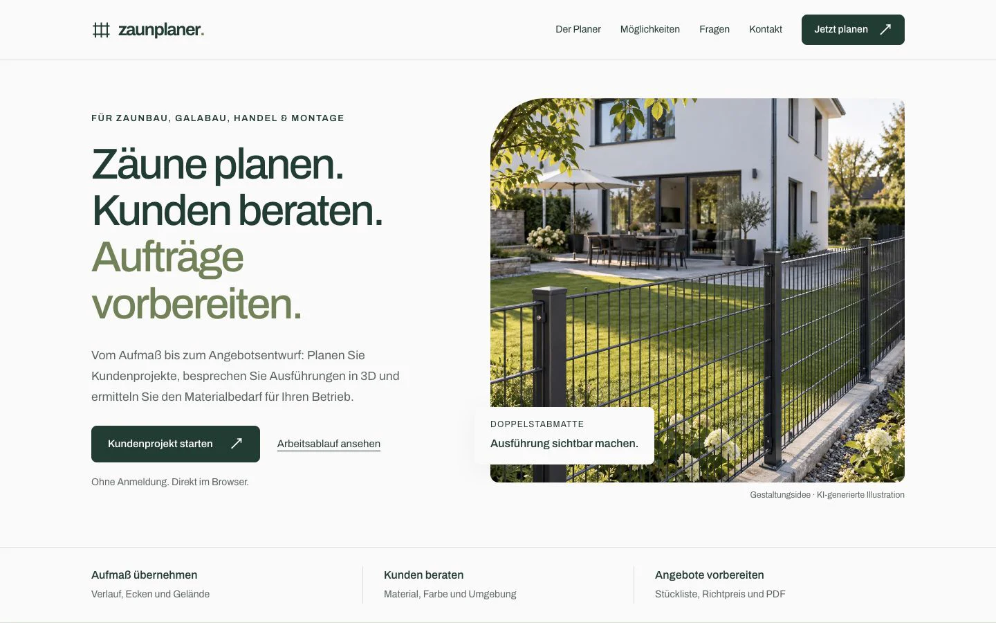 Zaunplaner: Einstieg der Landingpage